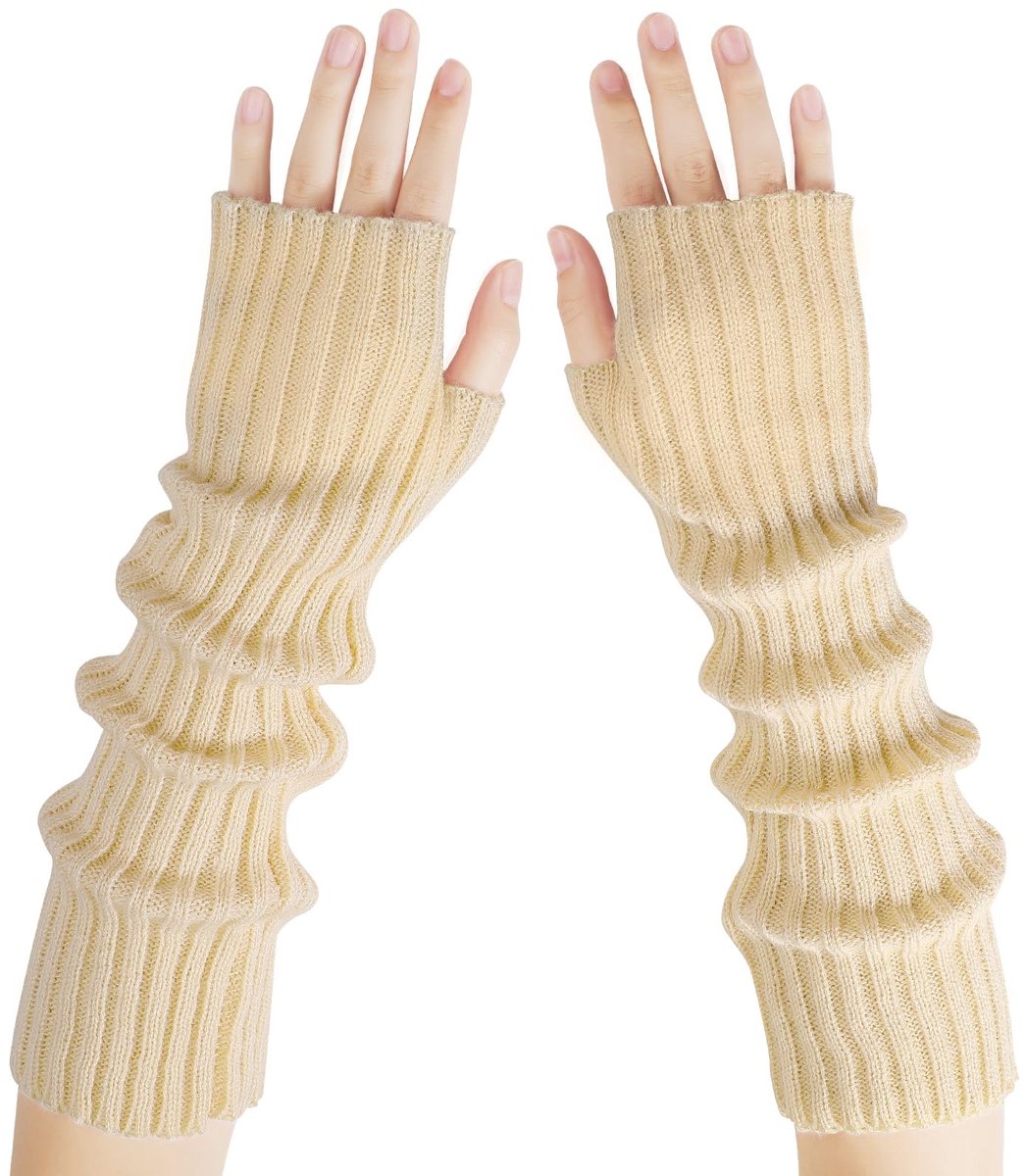 Arm Sleeves - Women's Long Fingerless - Knitted Y2K Arm Sleeves - (Beige) - Image 1