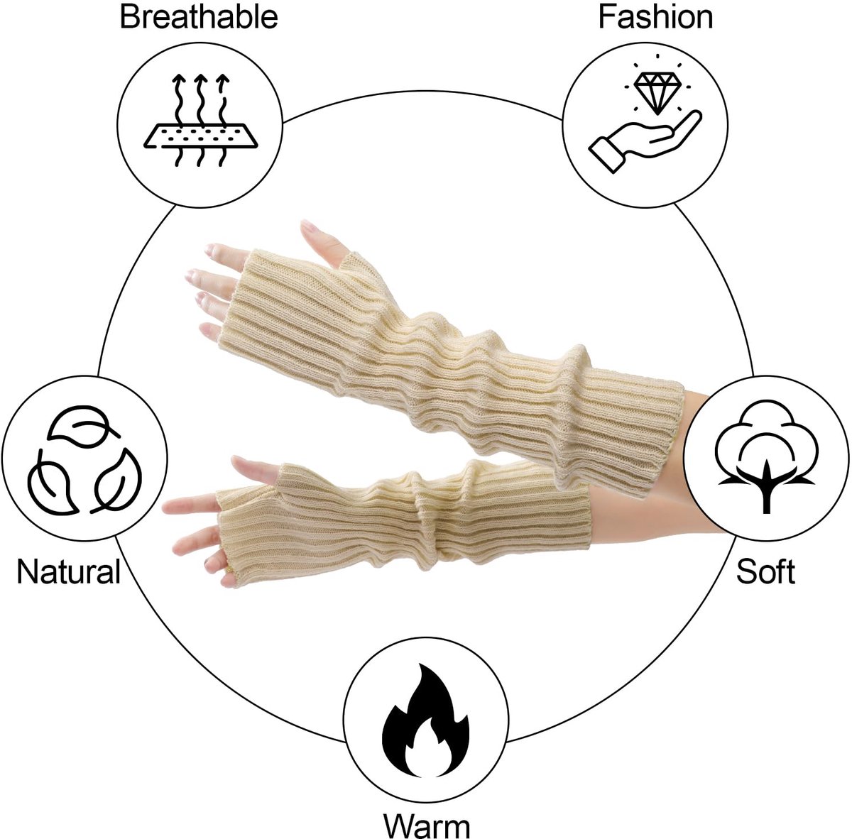 Arm Sleeves - Women's Long Fingerless - Knitted Y2K Arm Sleeves - (Beige) - Image 3