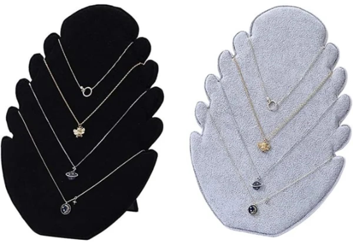 Set of two - Necklace display rack with 5 compartments - Velvet fabric - for hanging necklaces and storing jewelry - Image 1