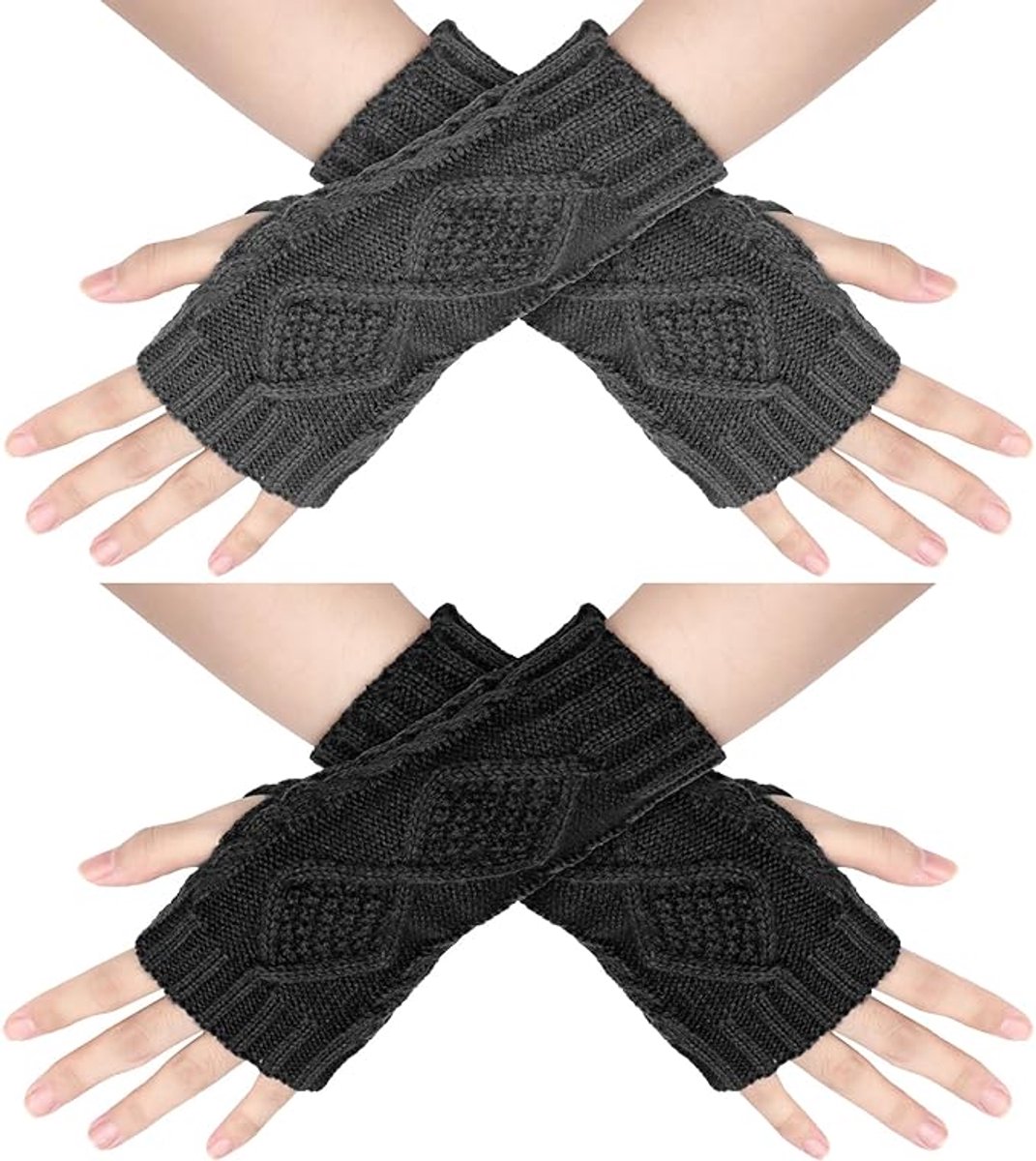 2 Wristbands - Fingerless Gloves - Knitted Women's - Wristbands - Long Knitted Wristbands - Winter Gloves - Warm - Unisex - Black + Dark Gray - Image 1