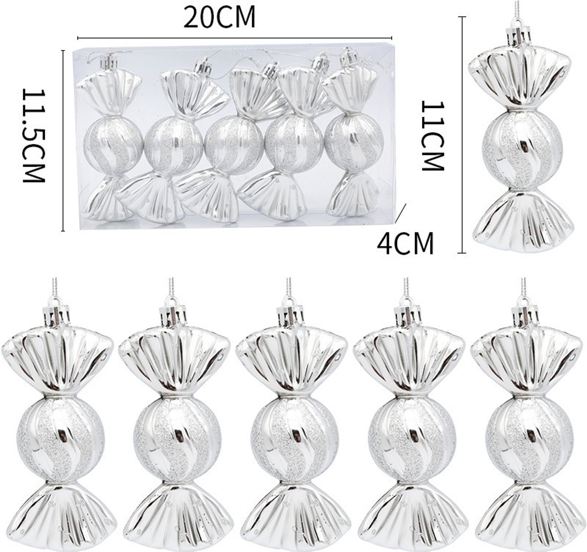 Christmas Decorations - Christmas Decorations - Painted Candy Christmas Tree Decorations - Silver (5 per box) - Image 1