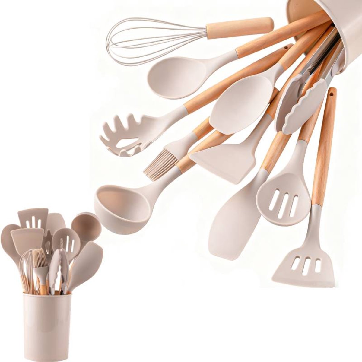 Set of 12 Silicone Kitchen Utensils with Wooden Handle - Storage Bucket - Non-Stick Pan & Kitchen Utensils - Cooking Spatula and Spoon Set - Image 1