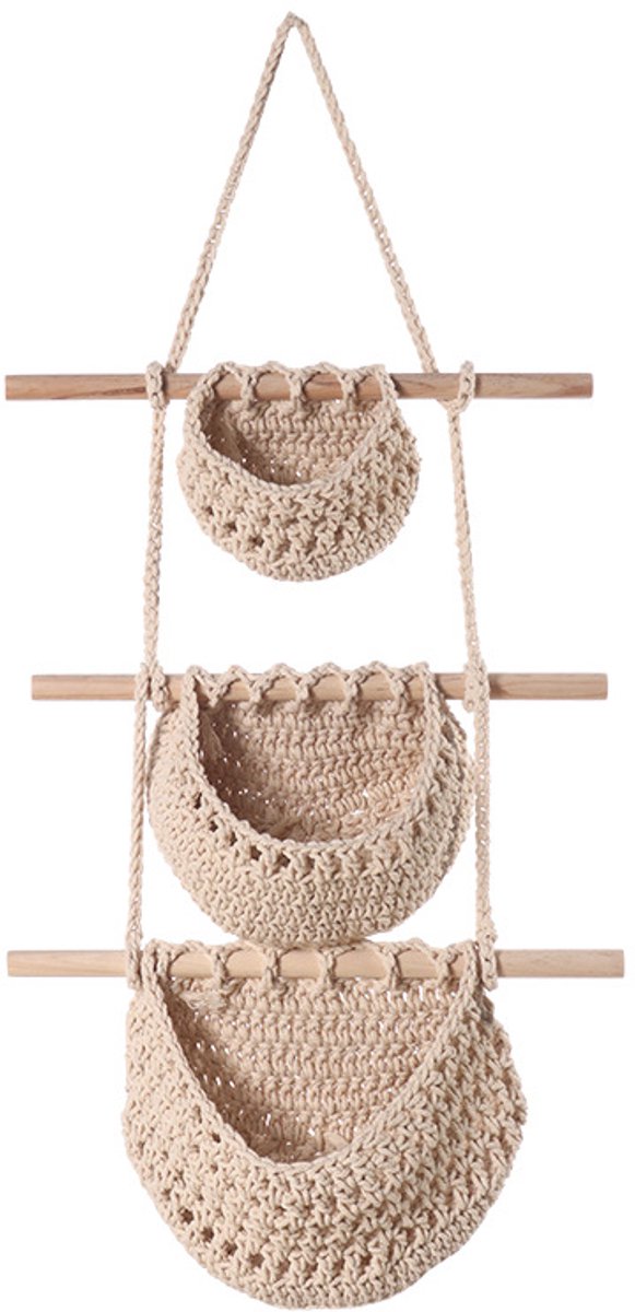 Three-Tier Hanging Fruit and Vegetable Basket - Removable Wall Rack - Hand-Woven Beige Wall Basket - Multifunctional Kitchen Storage Rack - Fruit and Vegetable Storage - Bohemian Home Decor - Image 1