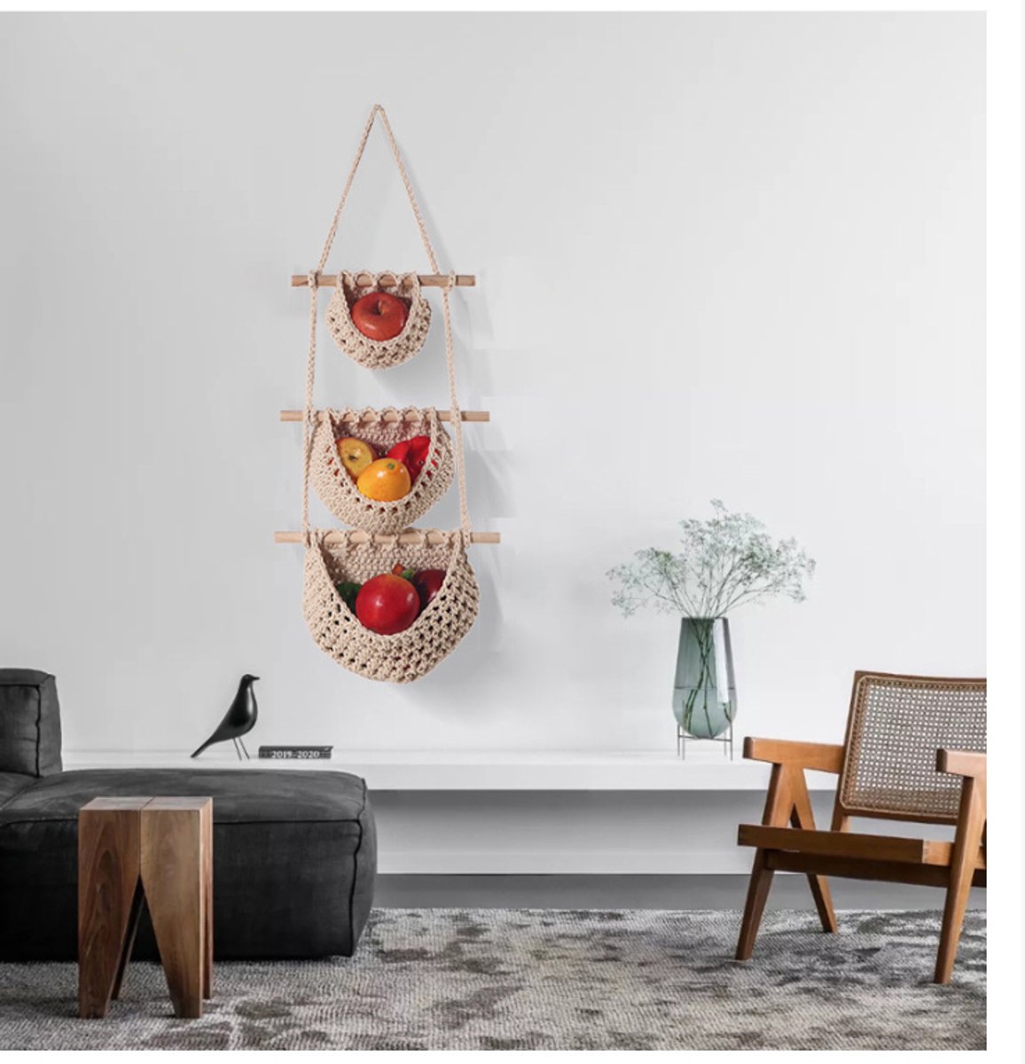 Three-Tier Hanging Fruit and Vegetable Basket - Removable Wall Rack - Hand-Woven Beige Wall Basket - Multifunctional Kitchen Storage Rack - Fruit and Vegetable Storage - Bohemian Home Decor - Image 4