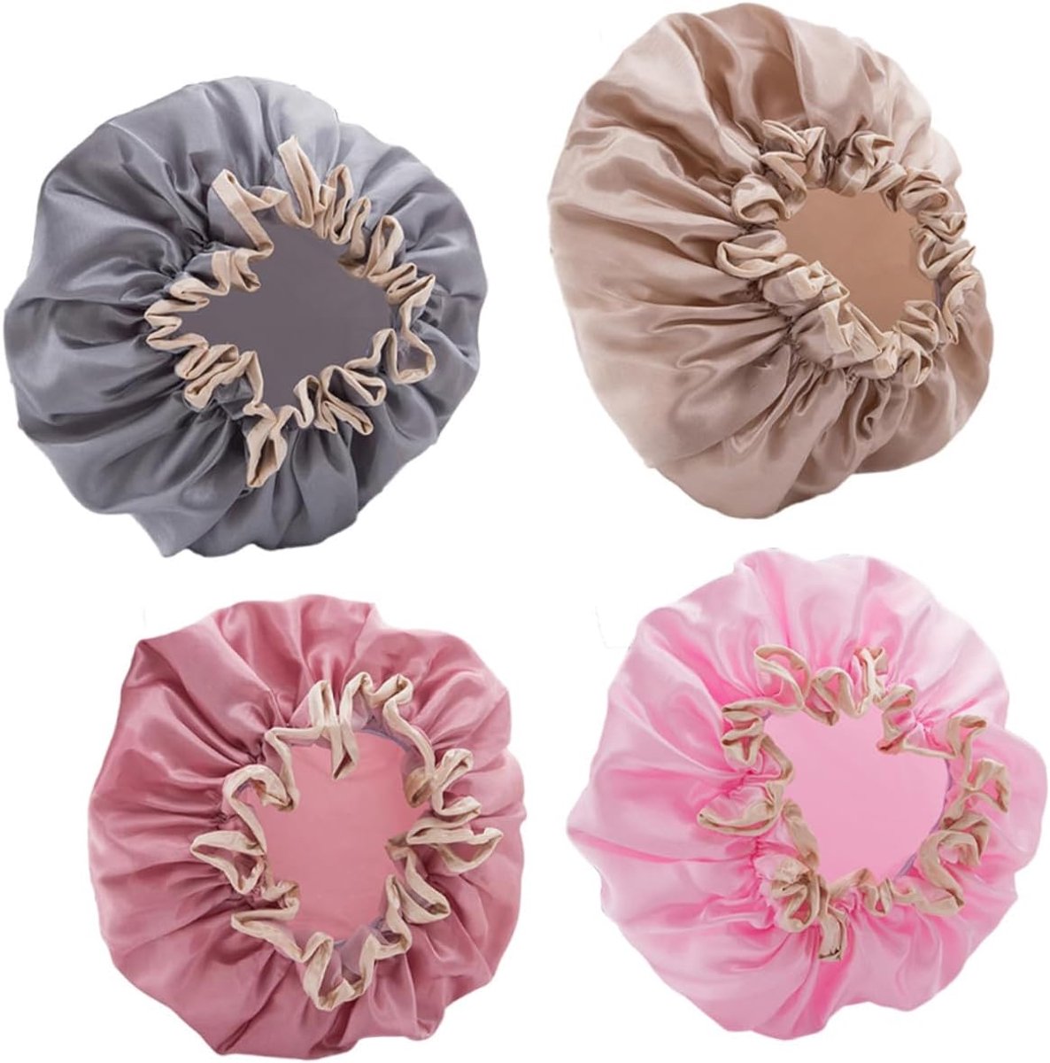 Four-Piece Double Layer Shower Cap Set - Hair Salon - Shower Cap Cover - Kitchen Cap - Pink - Gray - Brown - Light Pink - Women's Essential Bathroom Supplies - Image 1