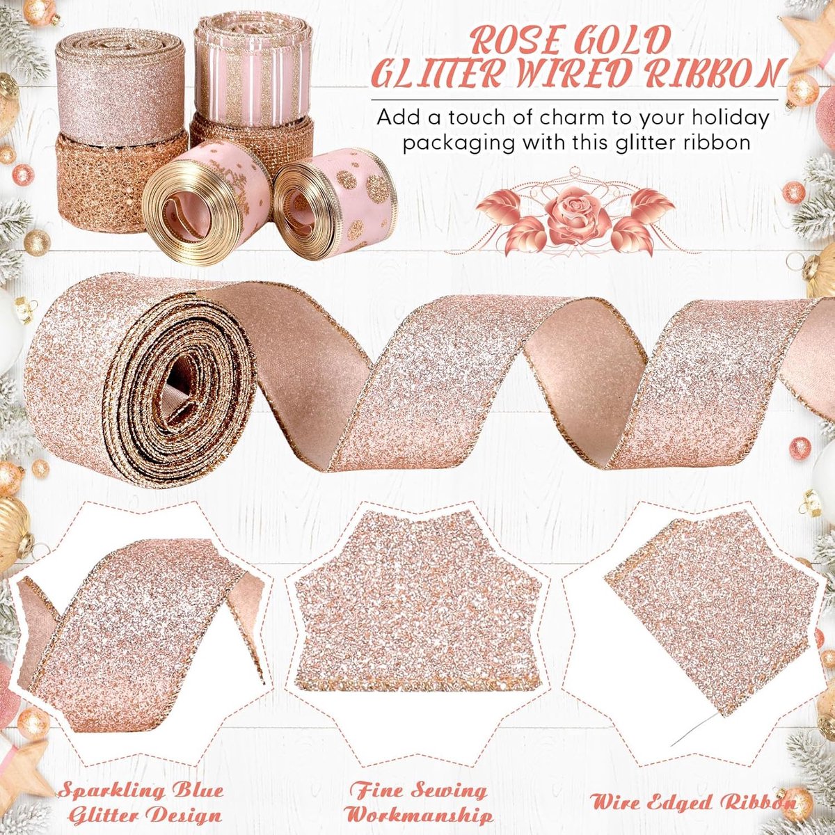 6 Rolls - Sparkling Gold Silk - Suitable for Christmas Trees, Gift Bows, DIY Crafts, Wreaths & Home Decor - 1.5