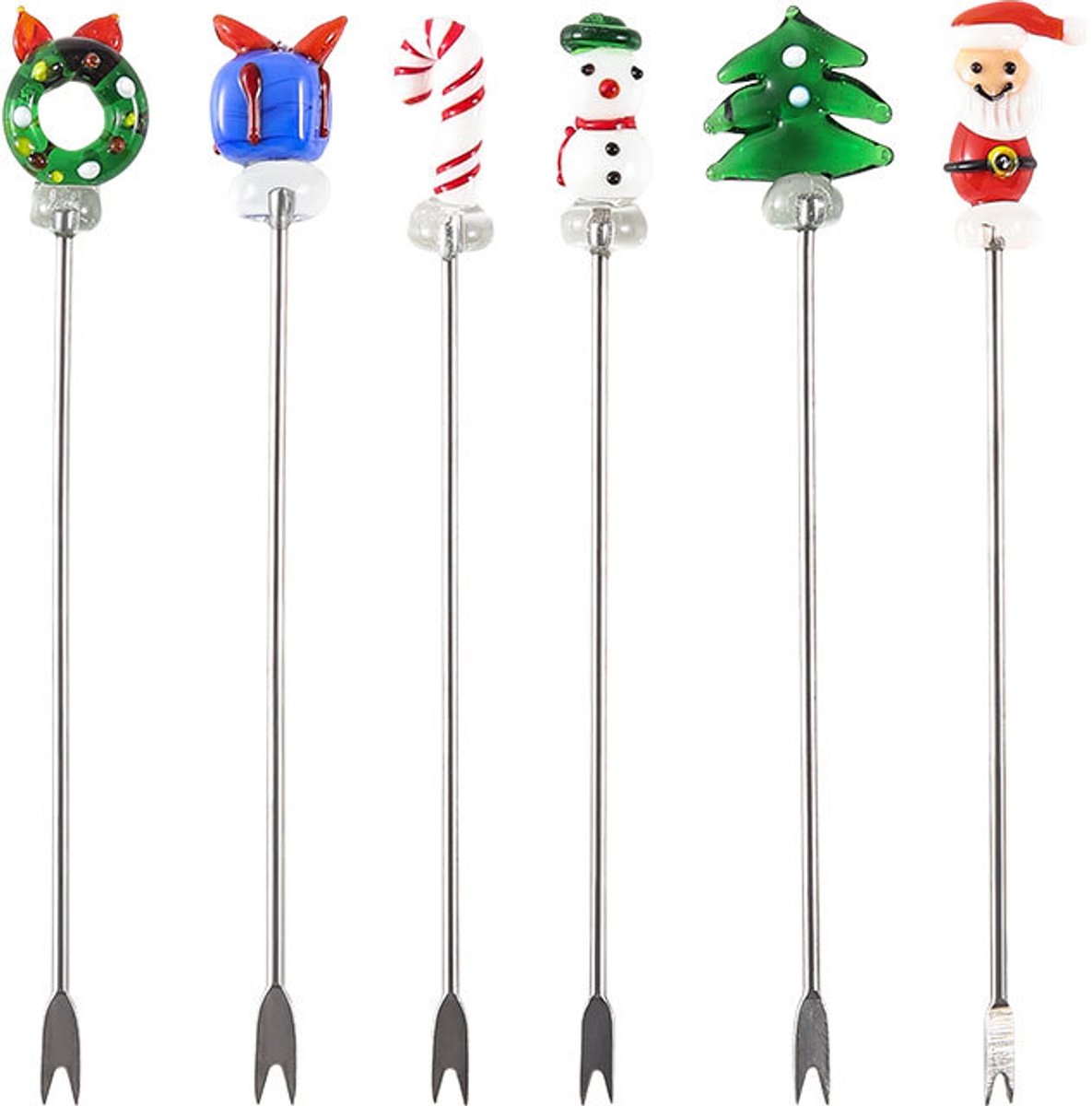 Creative Christmas Fruit Forks, Stainless Steel - Hand-Glazed Cartoon Fruit Picks with Double Prongs - Santa Claus - Christmas Tree - Fruit Fork Set (Set of 6) - Image 1