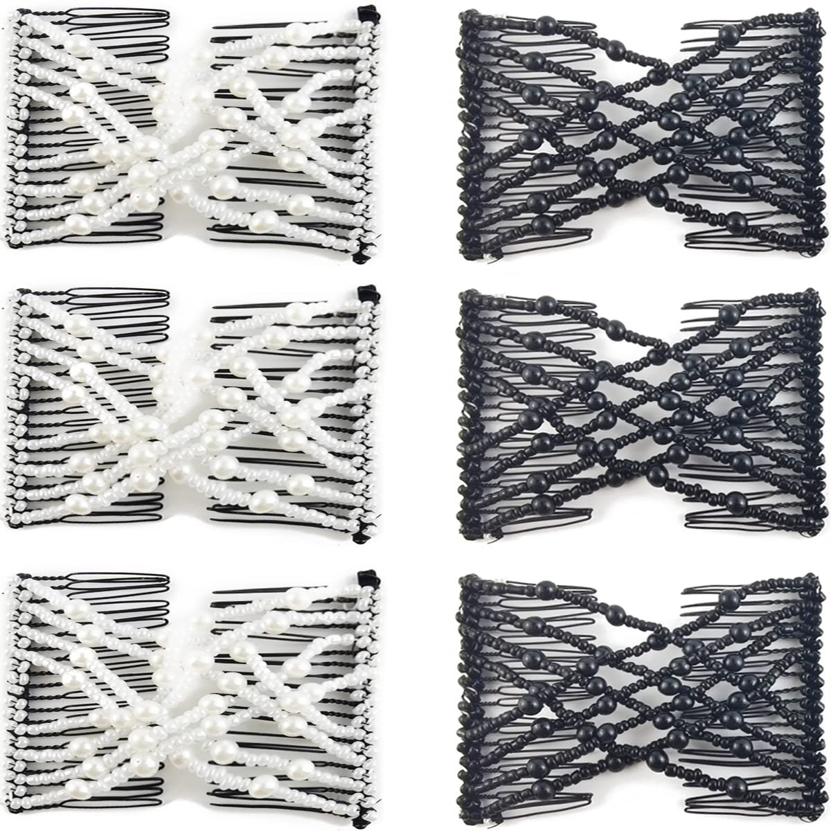 6-Pack Pearl Hair Combs - Elastic Magic Hairpins - Hair Clamps - Hair Clip - Black & White - For All Hair Types - Image 1