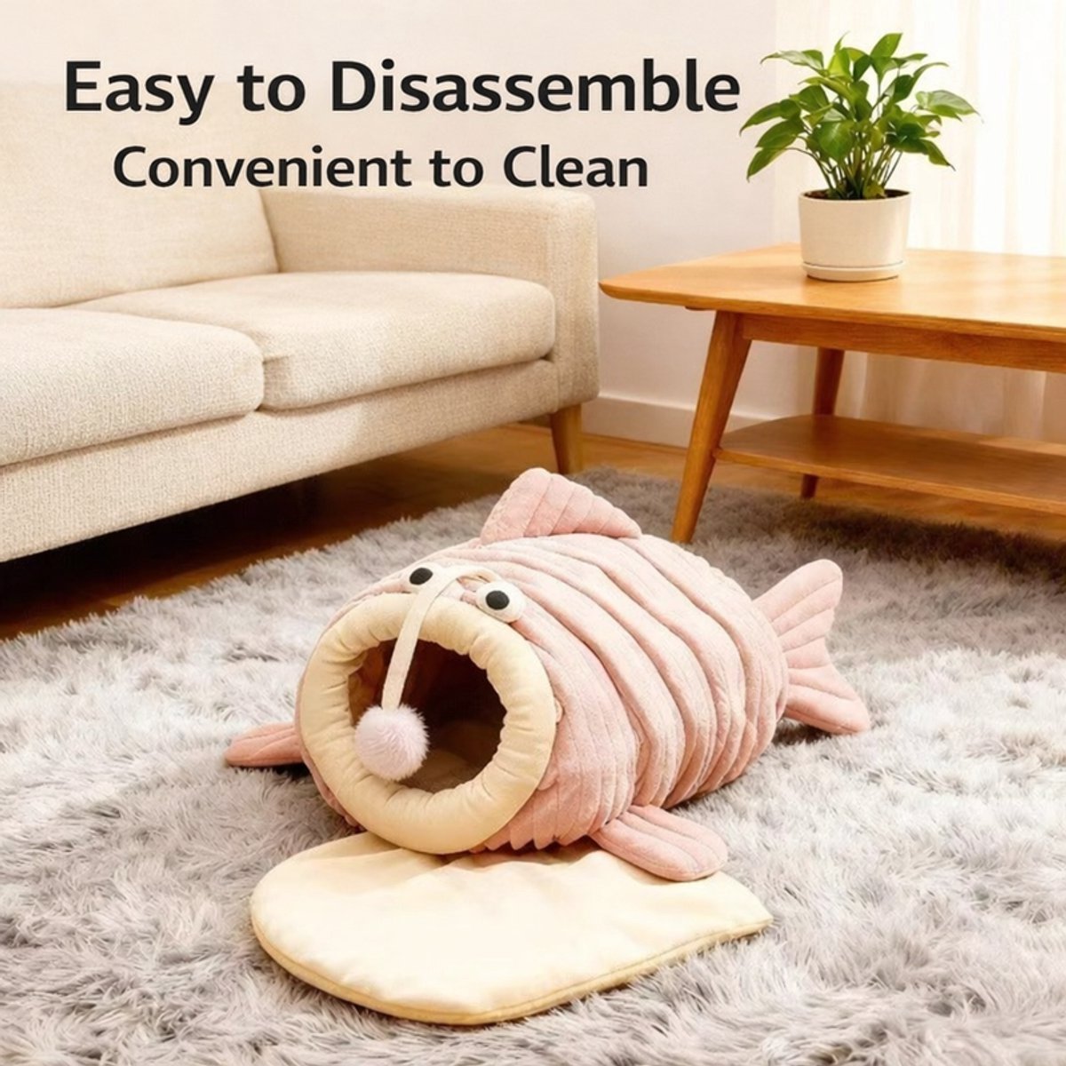 Cat Bed - Cave Cat Basket - Calming and Anxiety Relieving - Lantern Fish Shape - Pink（M：55*40*31cm） - Image 3