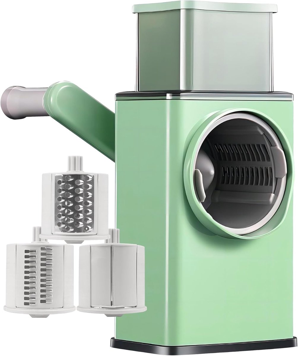 Rotating Cheese Grater with 3 Blades & Collection Tray - Multifunctional Cheese Grater - Includes Suction Cup for Stable Use - For Cheese, Vegetables & Nuts - Image 1