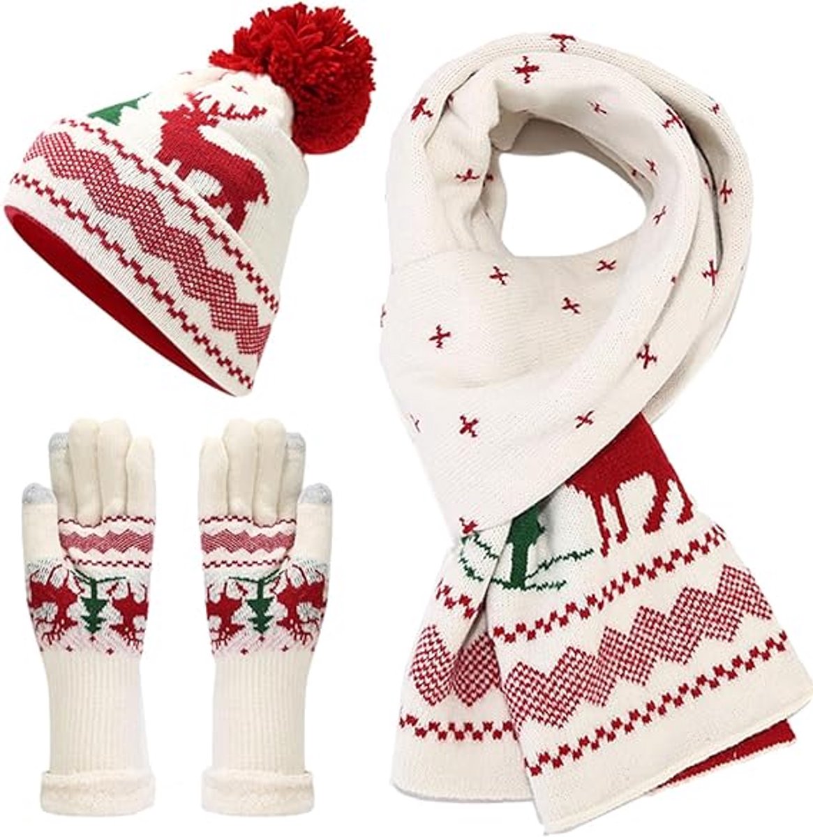 Warm hat, scarves and gloves - Set of 3 - Women's scarf - Warm hat with fleece lining - Knitted hat with pompoms - Warm scarf - Warm gloves - Christmas accessories - Christmas gift - Gifts for family and friends (White) - Image 1