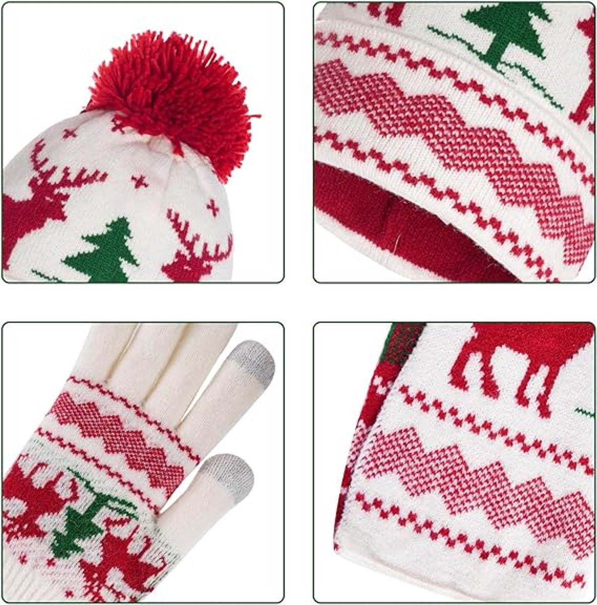 Warm hat, scarves and gloves - Set of 3 - Women's scarf - Warm hat with fleece lining - Knitted hat with pompoms - Warm scarf - Warm gloves - Christmas accessories - Christmas gift - Gifts for family and friends (White) - Image 2