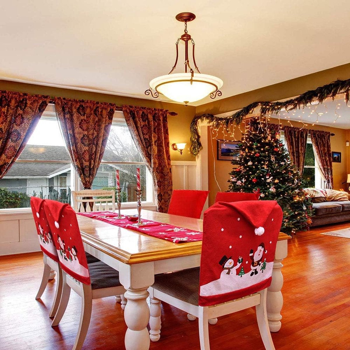 Chair Covers (4 Pieces) - Dining Chair Cover - Sofa Cover - Chair Covers - Christmas Chair Covers - Santa Claus and Snowman Red Hat Christmas Chair Back Cover Set - Perfect for Christmas Holiday Dining Table and Chair Decorations - Home Kitchen Party Deco - Image 3