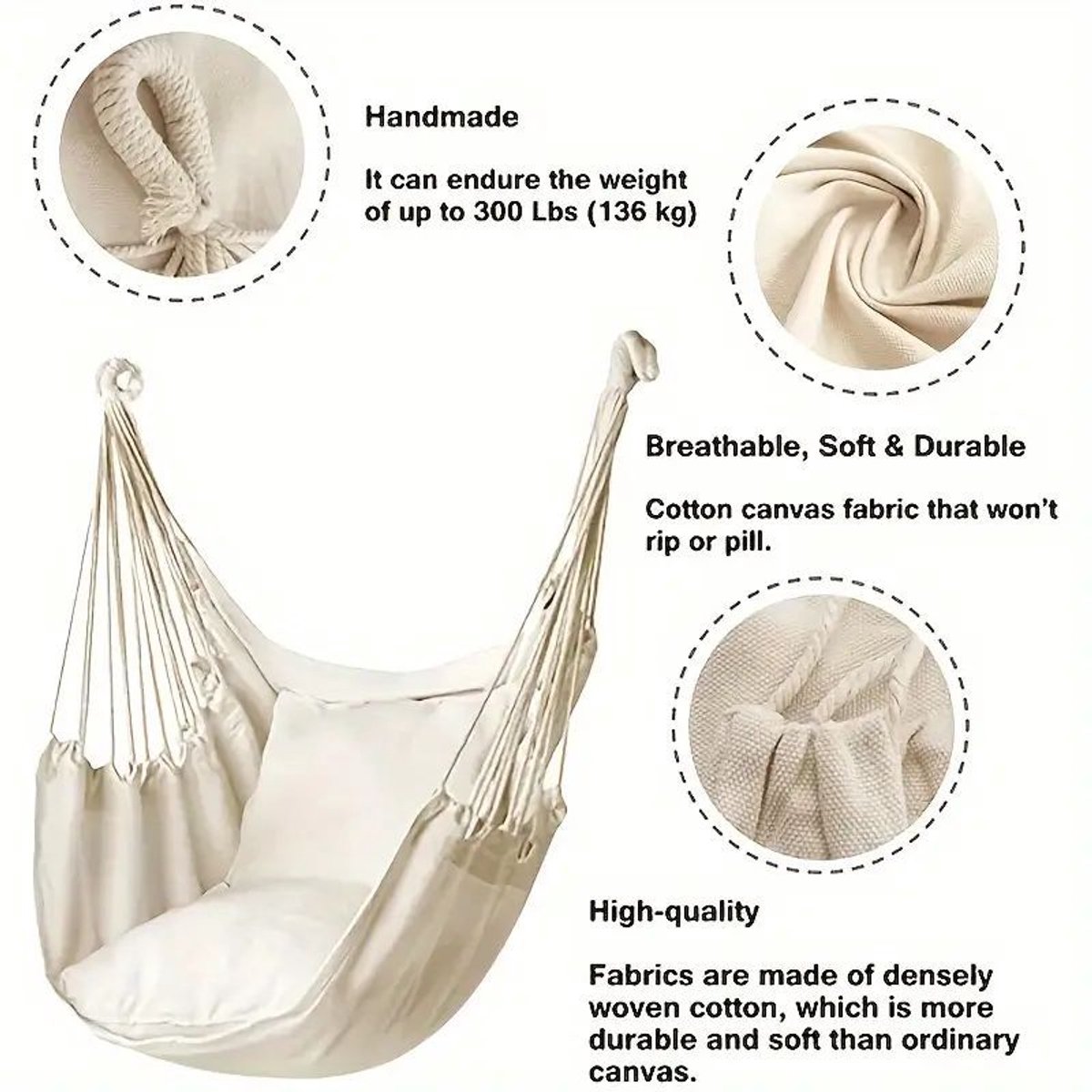 Hanging Chair - Portable Hammock - Comfortable Patio Chair - Suitable for Indoor and Outdoor Use - Maximum Load Capacity 100kg（White, without cushion） - Image 3