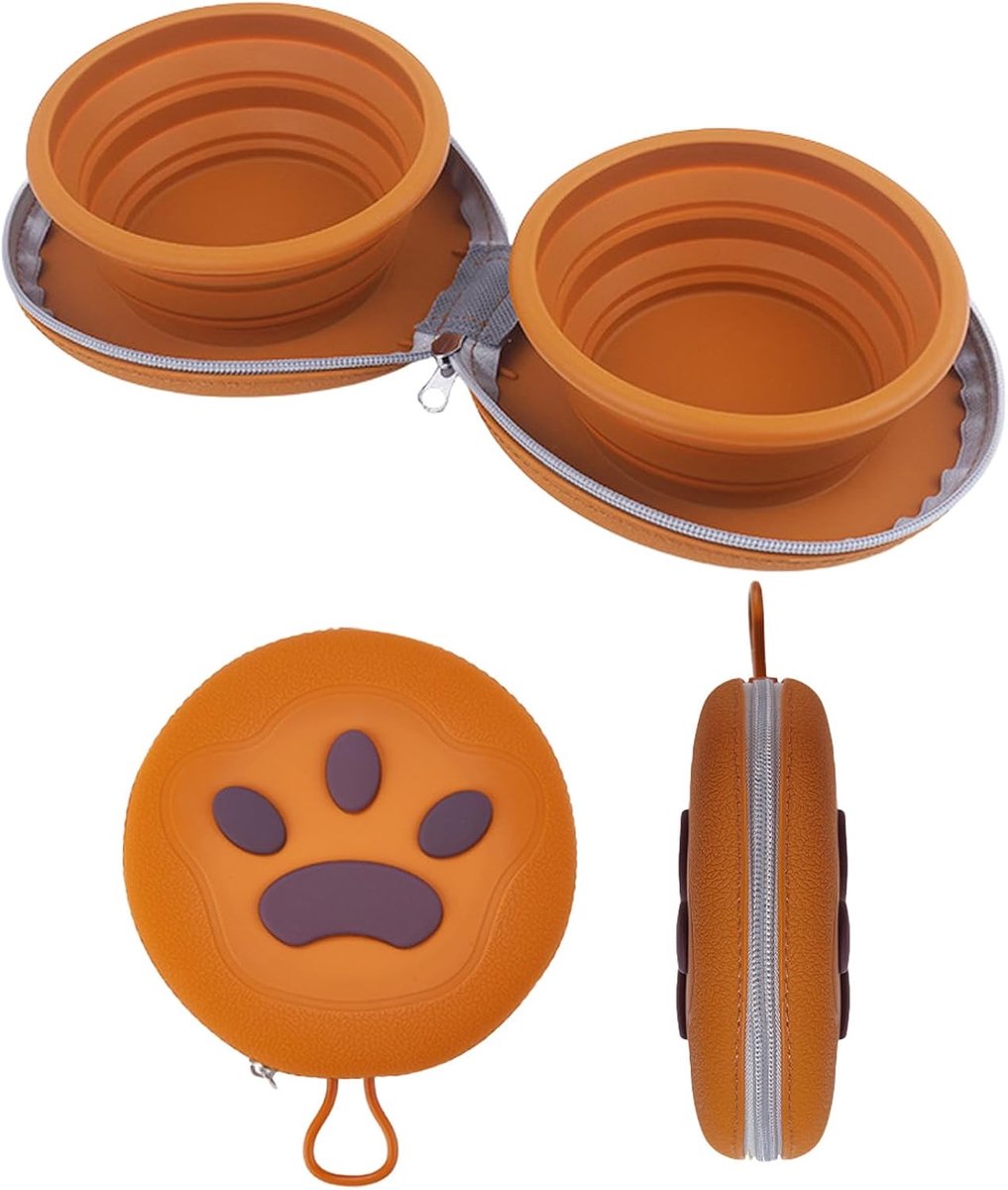 Dog Food Bowl - Foldable Dog Food Bowl - Outdoor Pet Food Bowl - 2-in-1 Dog Food Bowl - with Zippered Storage Bag and Carabiner - Suitable for Travel, Hiking, Camping and Other Activities (Brown) - Image 1