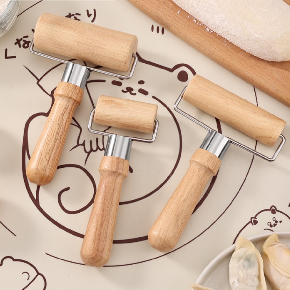 Dough Rolling Machine - Double-Sided Wooden Dough Rolling Machine - Three-Piece Set - Hand Baking Utensils - Smooth Non-Stick Coating - Suitable for Baking Dough, Fudge, Pizza, Cookies, Bread - Image 1
