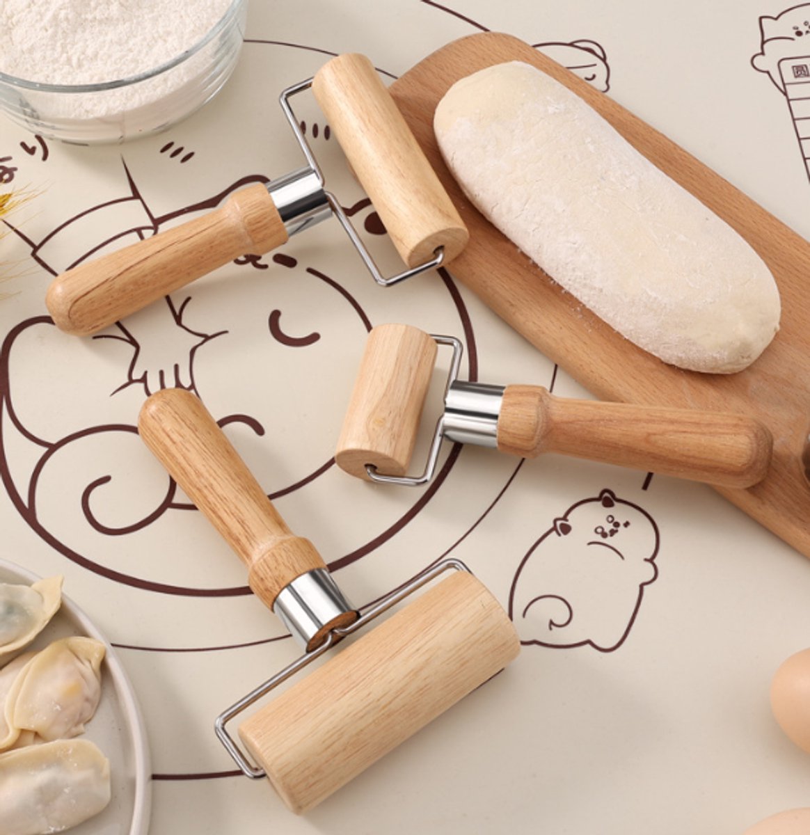 Dough Rolling Machine - Double-Sided Wooden Dough Rolling Machine - Three-Piece Set - Hand Baking Utensils - Smooth Non-Stick Coating - Suitable for Baking Dough, Fudge, Pizza, Cookies, Bread - Image 2