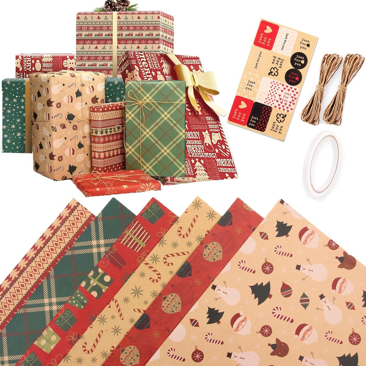 Gift Wrapping Paper - 6 sheets of kraft paper 70x50 cm - Complete set (straw, double-sided tape, stickers) - Gift wrapping paper set for birthdays, weddings and Christmas - Image 1