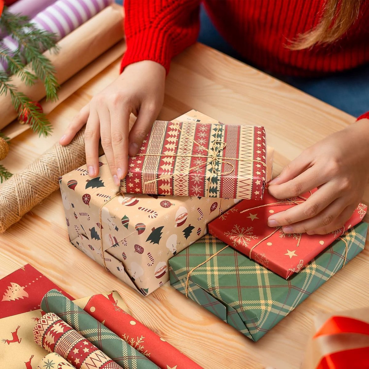 Gift Wrapping Paper - 6 sheets of kraft paper 70x50 cm - Complete set (straw, double-sided tape, stickers) - Gift wrapping paper set for birthdays, weddings and Christmas - Image 2