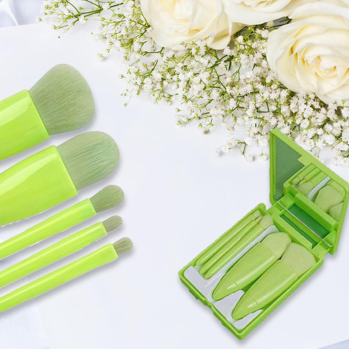 Makeup Brush Set - 5-Pack - Portable - Travel Makeup Brush Set with Mirror Case - Professional Foundation Brush, Eyeshadow Brush, and Blending Brush for Women - Green - Image 1