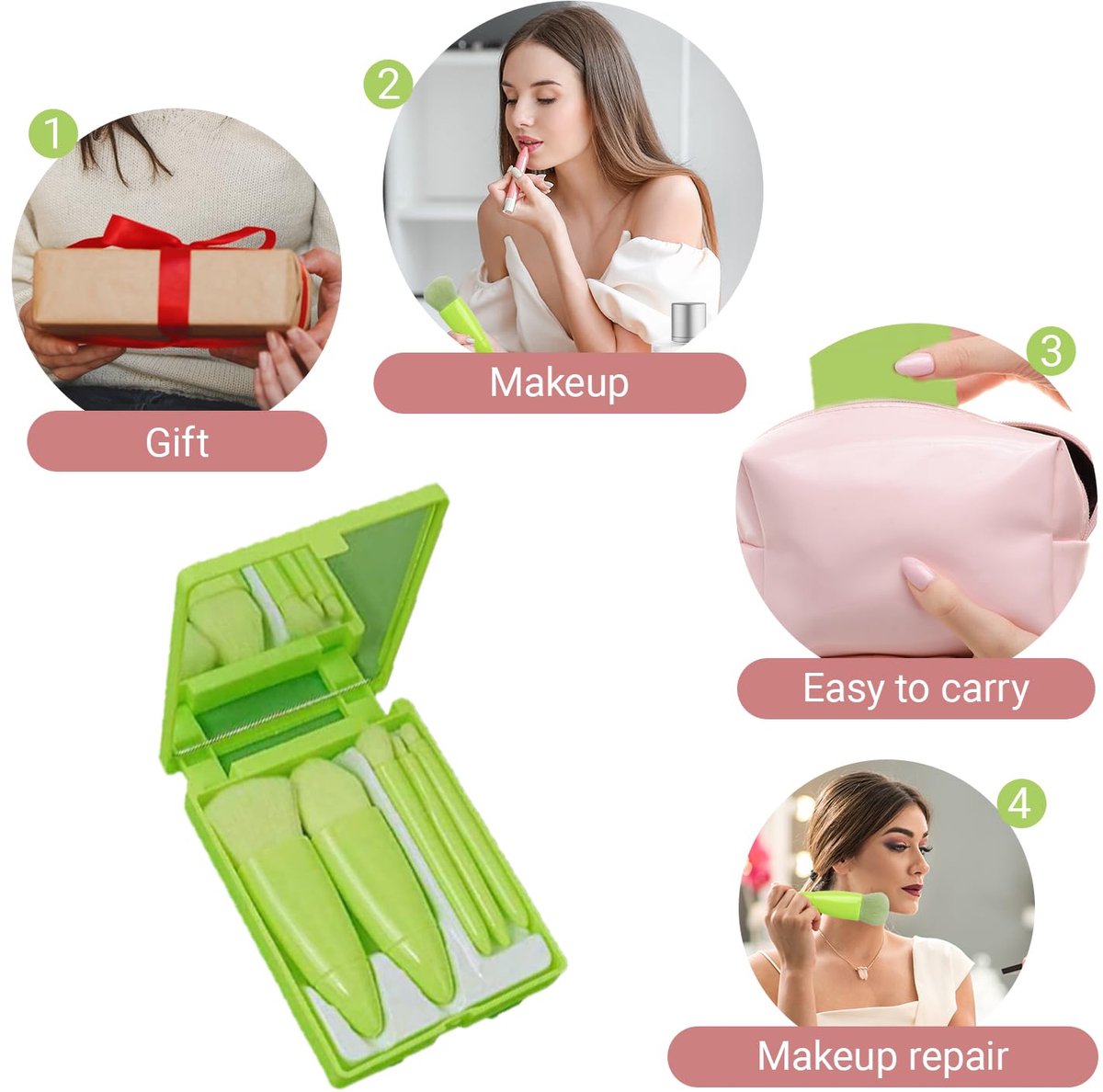 Makeup Brush Set - 5-Pack - Portable - Travel Makeup Brush Set with Mirror Case - Professional Foundation Brush, Eyeshadow Brush, and Blending Brush for Women - Green - Image 3