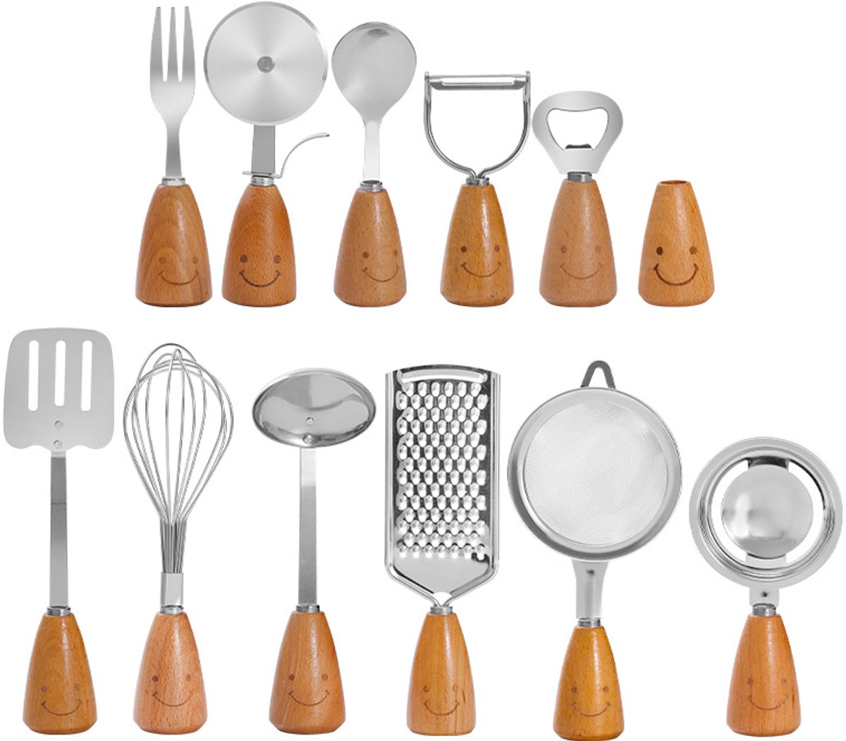 Kitchen Utensil Set - 12 Piece - Includes a peeler, egg separator, spoon, fork, pizza cutter, bottle opener, spatula, slotted spoon, grater, soup ladle, whisk and toothpick holder - The perfect gift for a housewife. - Image 1