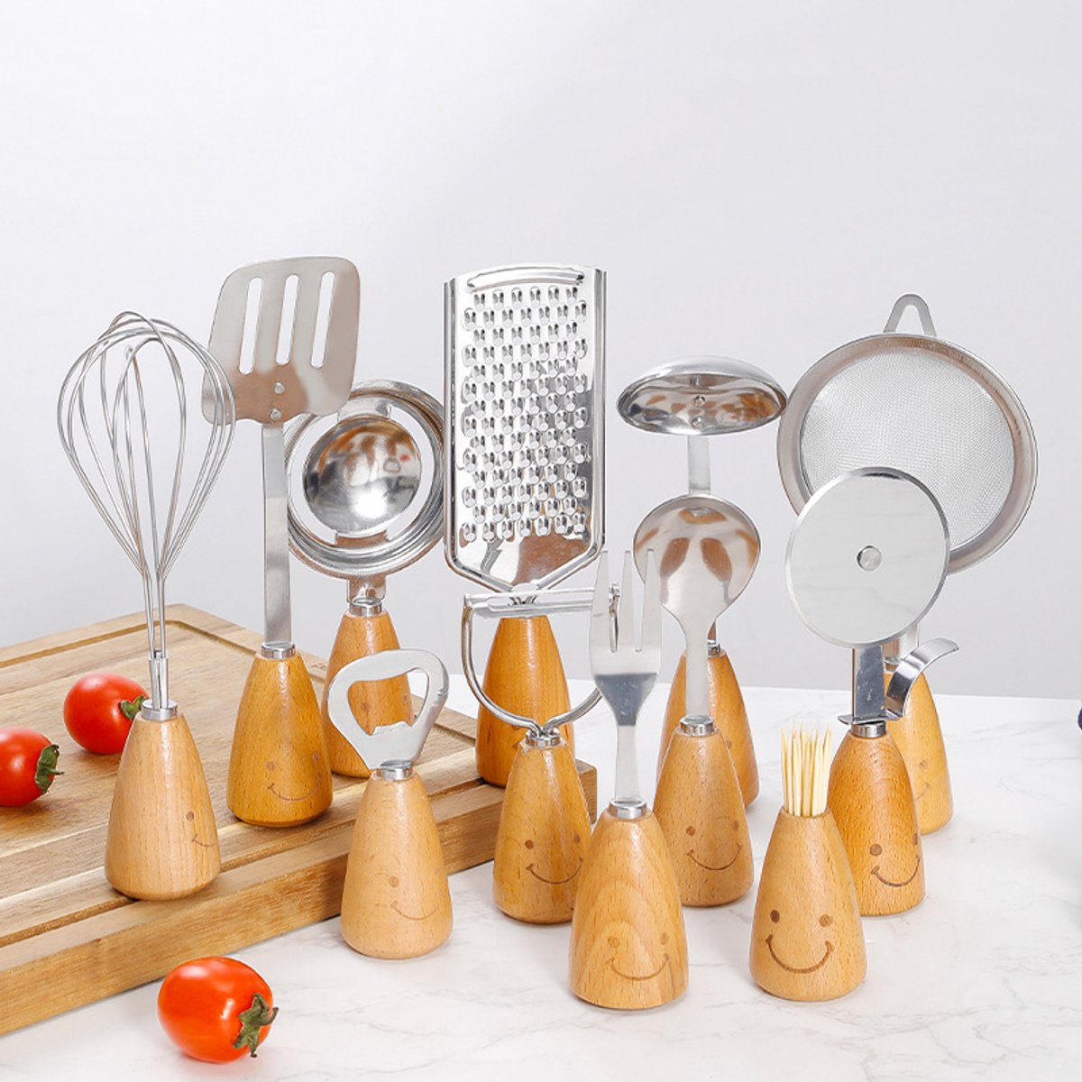 Kitchen Utensil Set - 12 Piece - Includes a peeler, egg separator, spoon, fork, pizza cutter, bottle opener, spatula, slotted spoon, grater, soup ladle, whisk and toothpick holder - The perfect gift for a housewife. - Image 3
