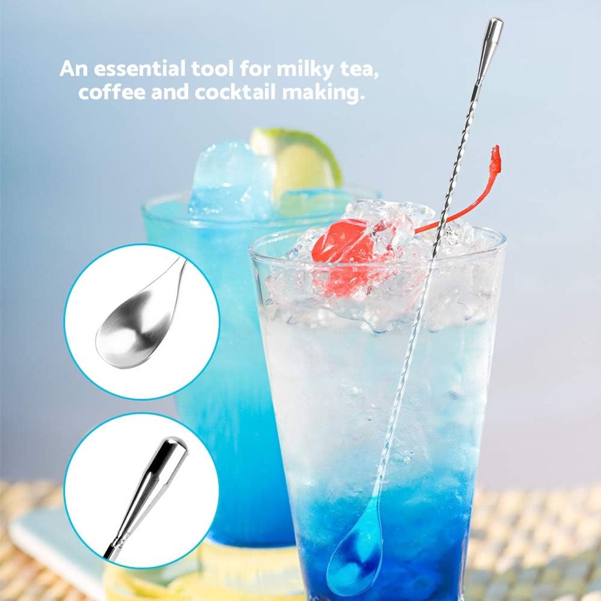 Stirring Spoons - 2 Pack - Stainless Steel Cocktail Spoons - 30cm Stainless Steel Cocktail Spoons - Long Handle Cocktail Mixer with Spiral Design - Suitable for bars, kitchens and other occasions. - Image 3