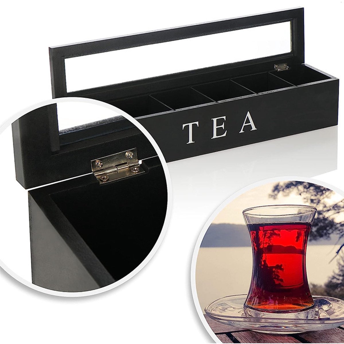 Tea Box - Tea Box 6 Compartments - Wooden Tea Box - Suitable for Loose Tea - 43 × 9 × 8.7 cm - Black - Image 2