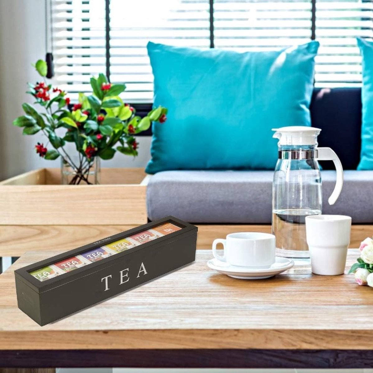 Tea Box - Tea Box 6 Compartments - Wooden Tea Box - Suitable for Loose Tea - 43 × 9 × 8.7 cm - Black - Image 4