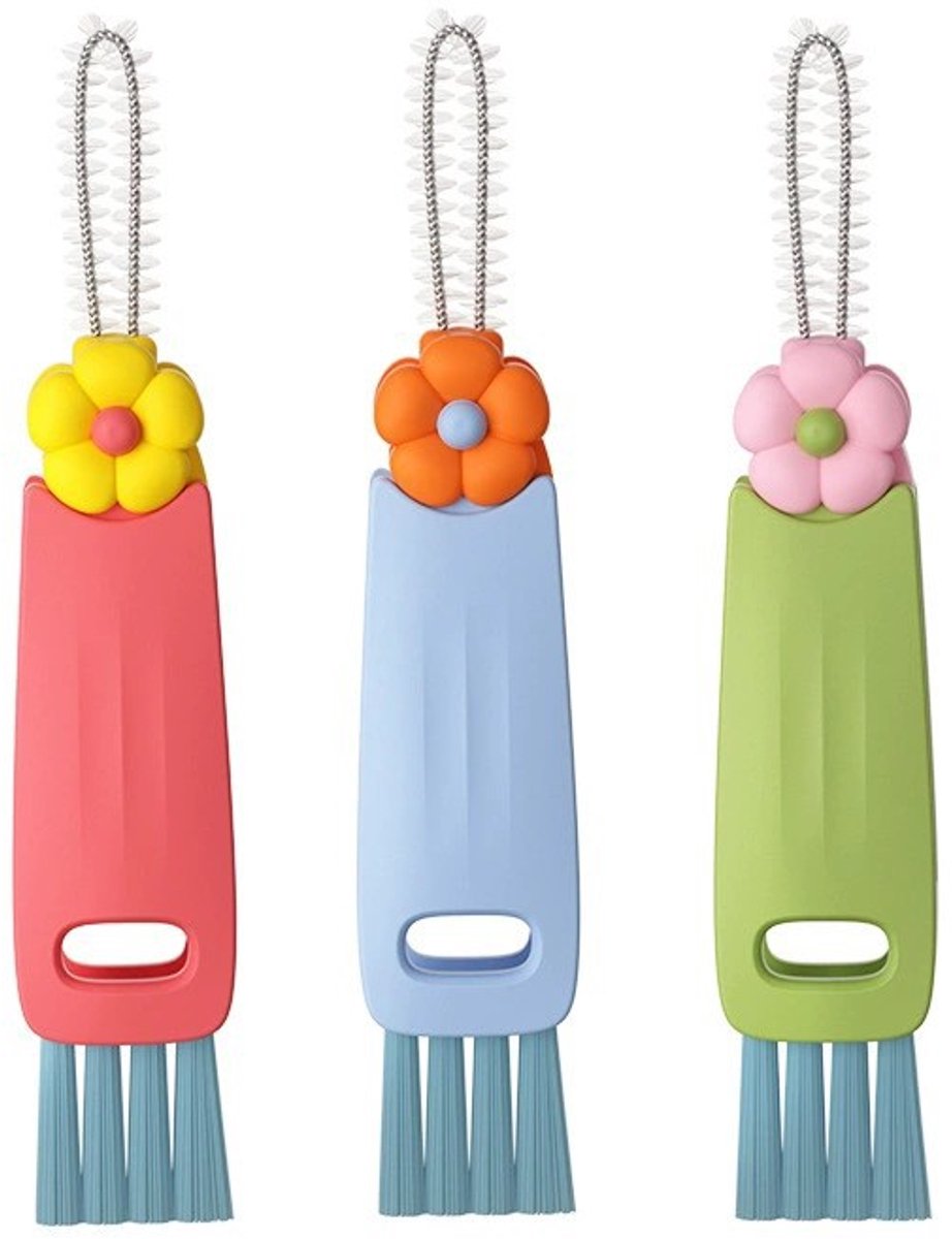 Brush - 3-piece set - Multifunctional cleaning brush - With soft bristles - Suitable for glass lids and bottle caps - Ideal for small spaces and cup accessories - Image 1