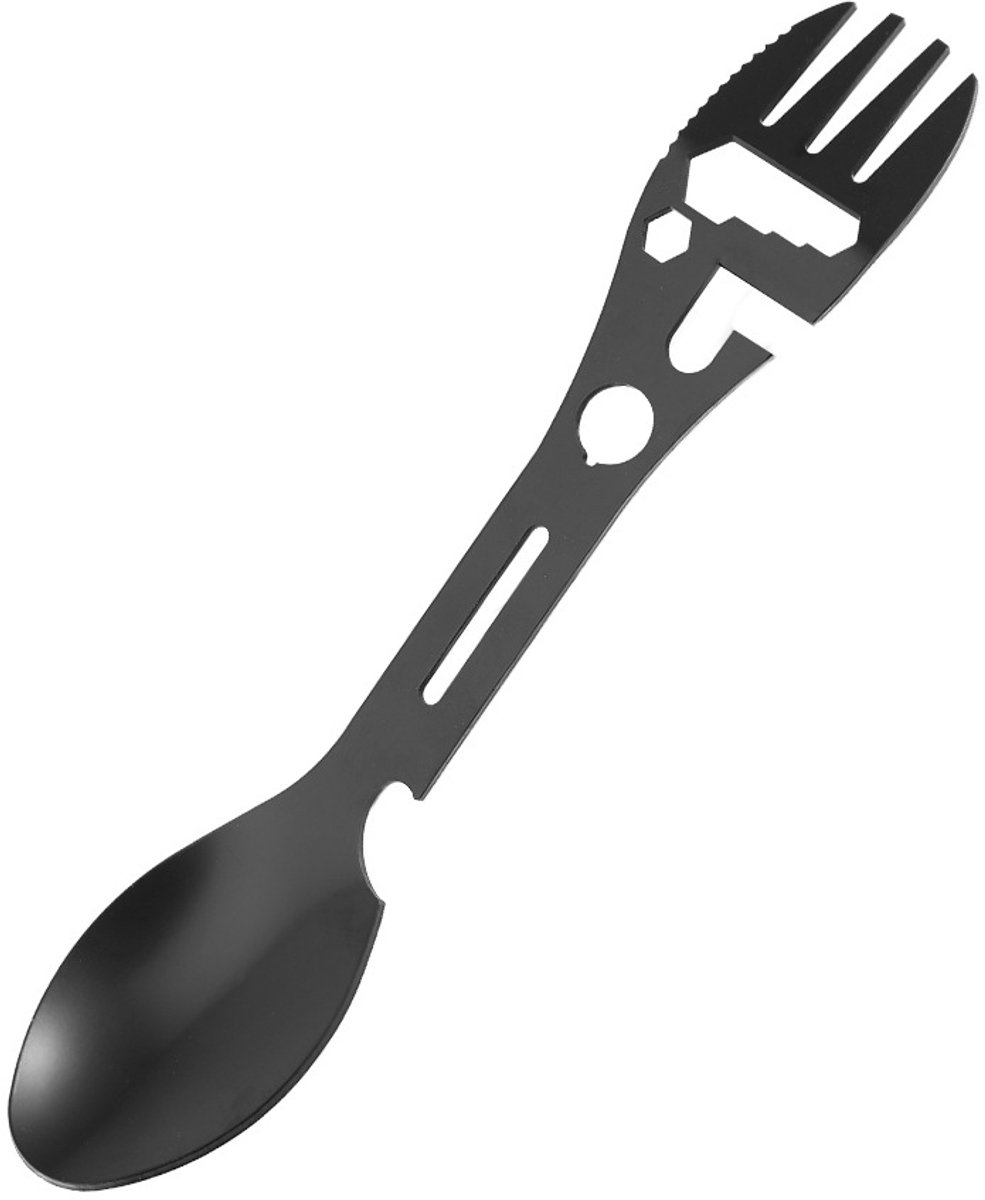 Stainless Steel Spoon and Fork - 10-in-1 Multitool - Works as a combination spoon, fork, knife, bottle opener and wrench - Ideal for picnics, travel, backpacking, hiking and fishing - Black - Image 1