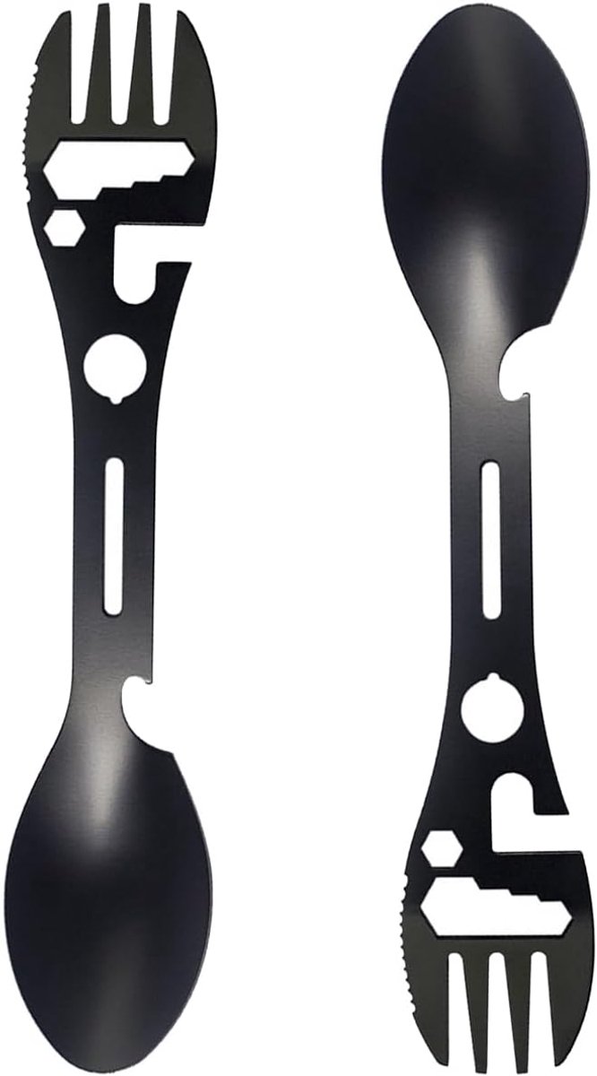 Stainless Steel Spoon and Fork - 10-in-1 Multitool - Works as a combination spoon, fork, knife, bottle opener and wrench - Ideal for picnics, travel, backpacking, hiking and fishing - Black - Image 3