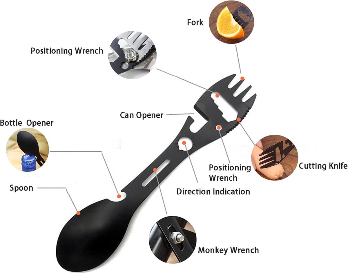 Stainless Steel Spoon and Fork - 10-in-1 Multitool - Works as a combination spoon, fork, knife, bottle opener and wrench - Ideal for picnics, travel, backpacking, hiking and fishing - Black - Image 4