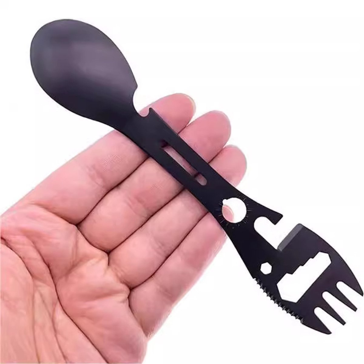 Stainless Steel Spoon and Fork - 10-in-1 Multitool - Works as a combination spoon, fork, knife, bottle opener and wrench - Ideal for picnics, travel, backpacking, hiking and fishing - Black - Image 6