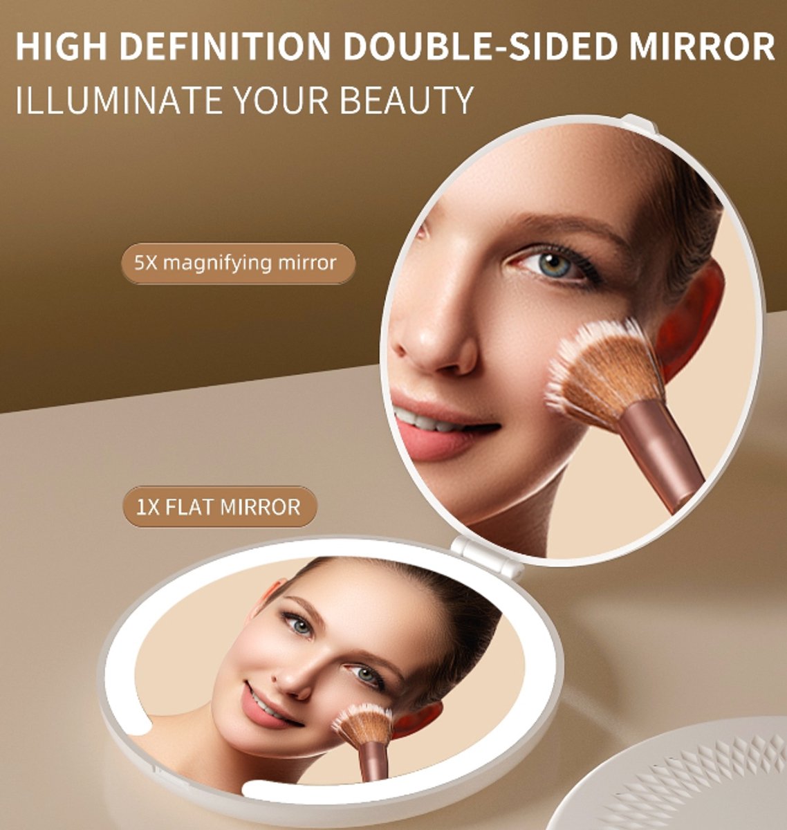 Make-up mirror - Mini mirror with light - 1x/5x magnification - 10 cm - Rechargeable - Suitable for wallets, pockets, travel and as a gift (White) - Image 3