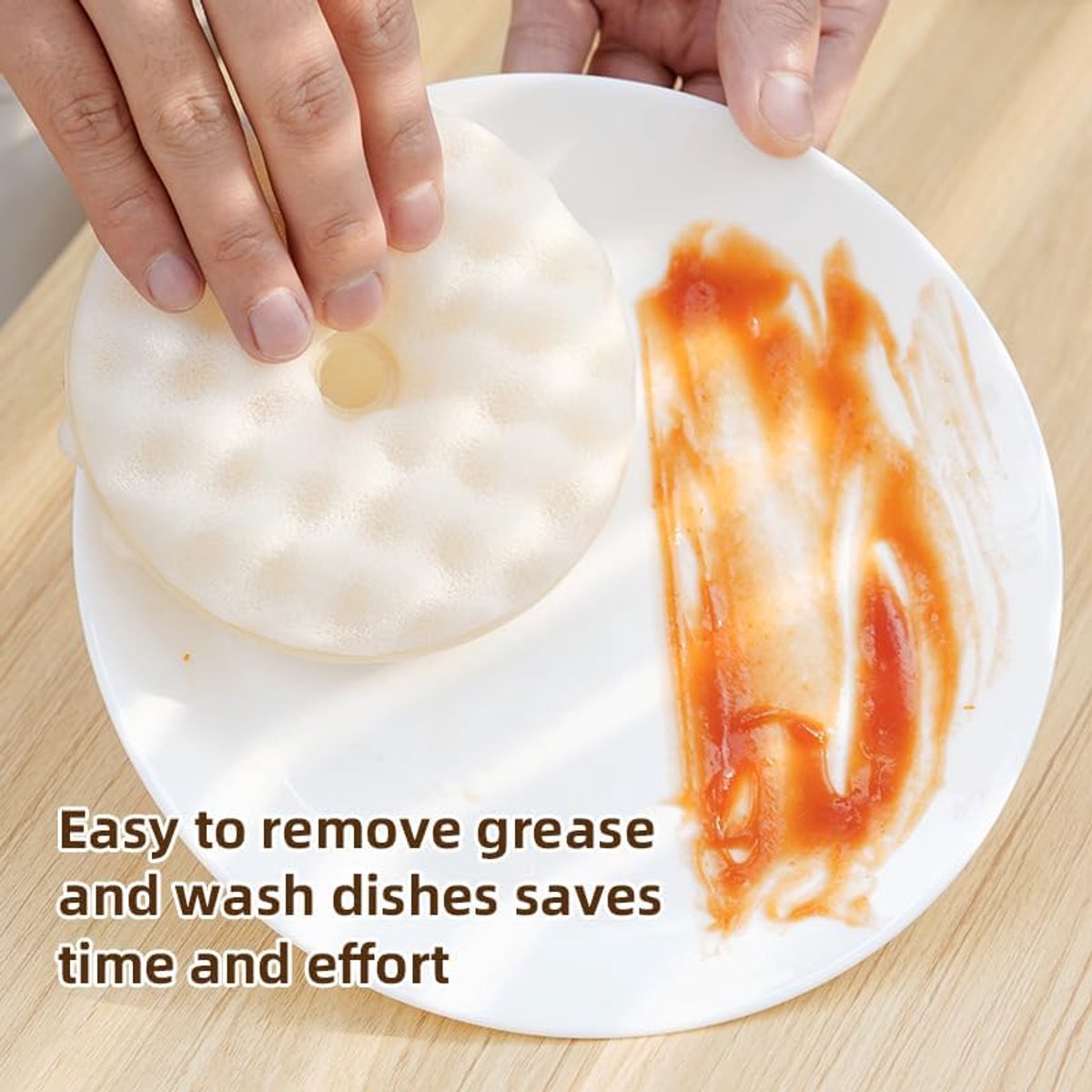 Double-Sided Dishwashing Brush - Sponge Brush with Suction Cup - 1 Base + 2 Refillable Sponges - Scratch-Free Kitchen Brush - Beige - Image 2