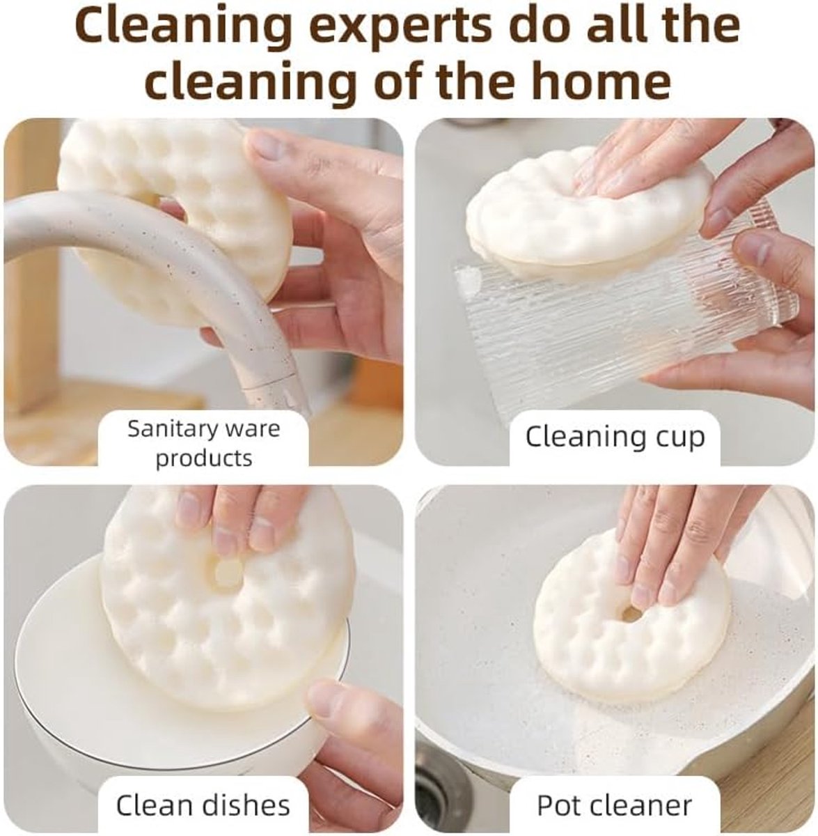 Double-Sided Dishwashing Brush - Sponge Brush with Suction Cup - 1 Base + 2 Refillable Sponges - Scratch-Free Kitchen Brush - Beige - Image 4