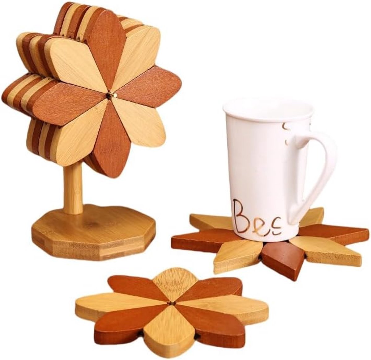 Coasters - Heat-insulating coasters - Wooden heat-insulating bowl mats - Set of coasters with floral motif - including stand - 5-piece set - Brown and natural bamboo - Image 1