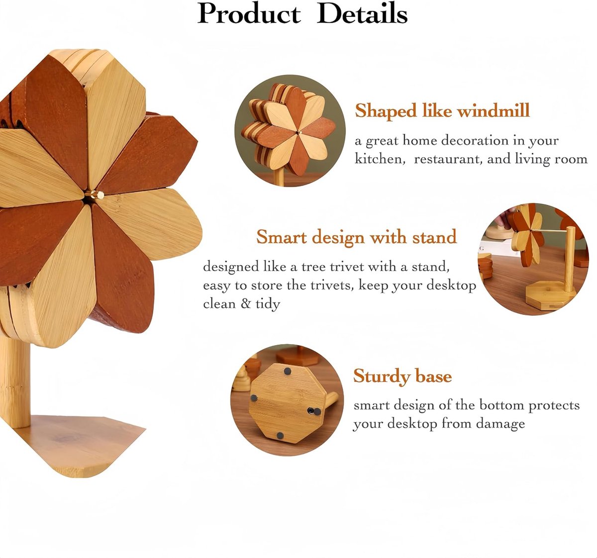 Coasters - Heat-insulating coasters - Wooden heat-insulating bowl mats - Set of coasters with floral motif - including stand - 5-piece set - Brown and natural bamboo - Image 3