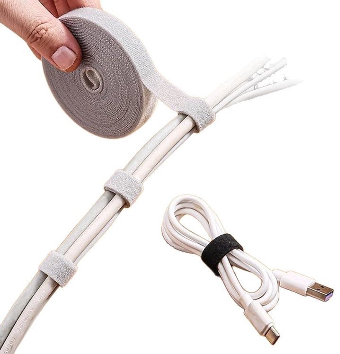 Cable Organizer with Velcro - Cable Ties for Data Cables - Reusable Straps - For storing mobile phone cables, laptop cables and chargers (Gray roll, 5 meters * 1.2 cm) - Image 1