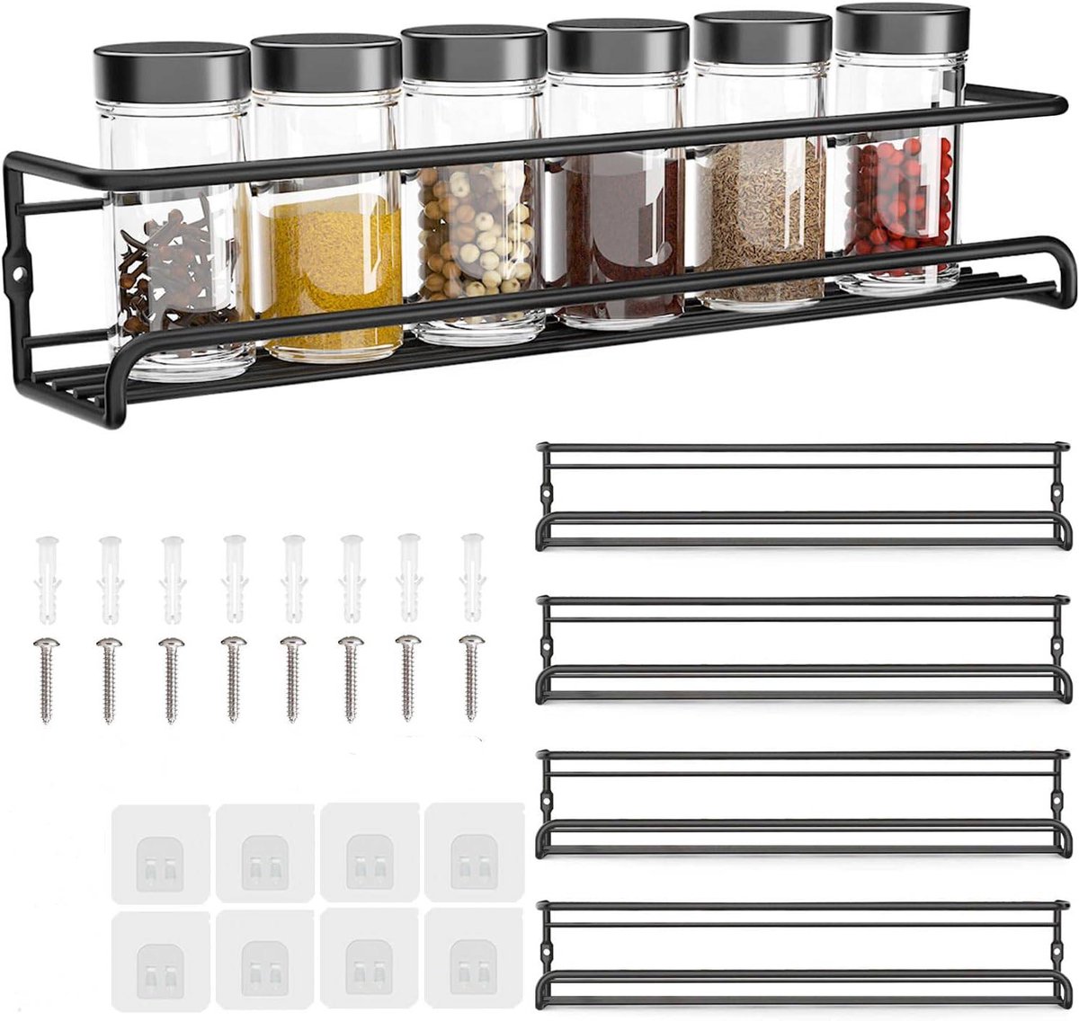 Four-Tier Metal Wall-Mounted Spice Rack - Suitable for Kitchens and Cabinet Interiors - Neatly Organizes Spice Jars and Spices (Black) - Image 1
