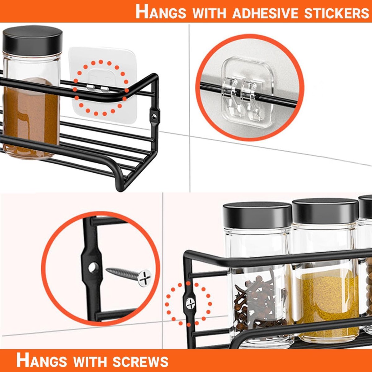 Four-Tier Metal Wall-Mounted Spice Rack - Suitable for Kitchens and Cabinet Interiors - Neatly Organizes Spice Jars and Spices (Black) - Image 2