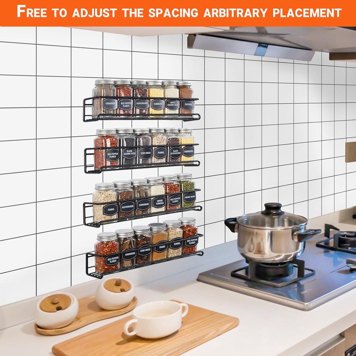 Four-Tier Metal Wall-Mounted Spice Rack - Suitable for Kitchens and Cabinet Interiors - Neatly Organizes Spice Jars and Spices (Black) - Image 4