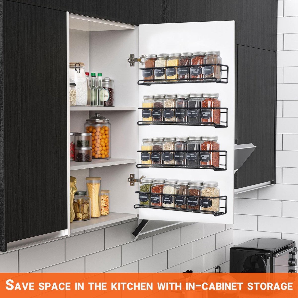 Four-Tier Metal Wall-Mounted Spice Rack - Suitable for Kitchens and Cabinet Interiors - Neatly Organizes Spice Jars and Spices (Black) - Image 6
