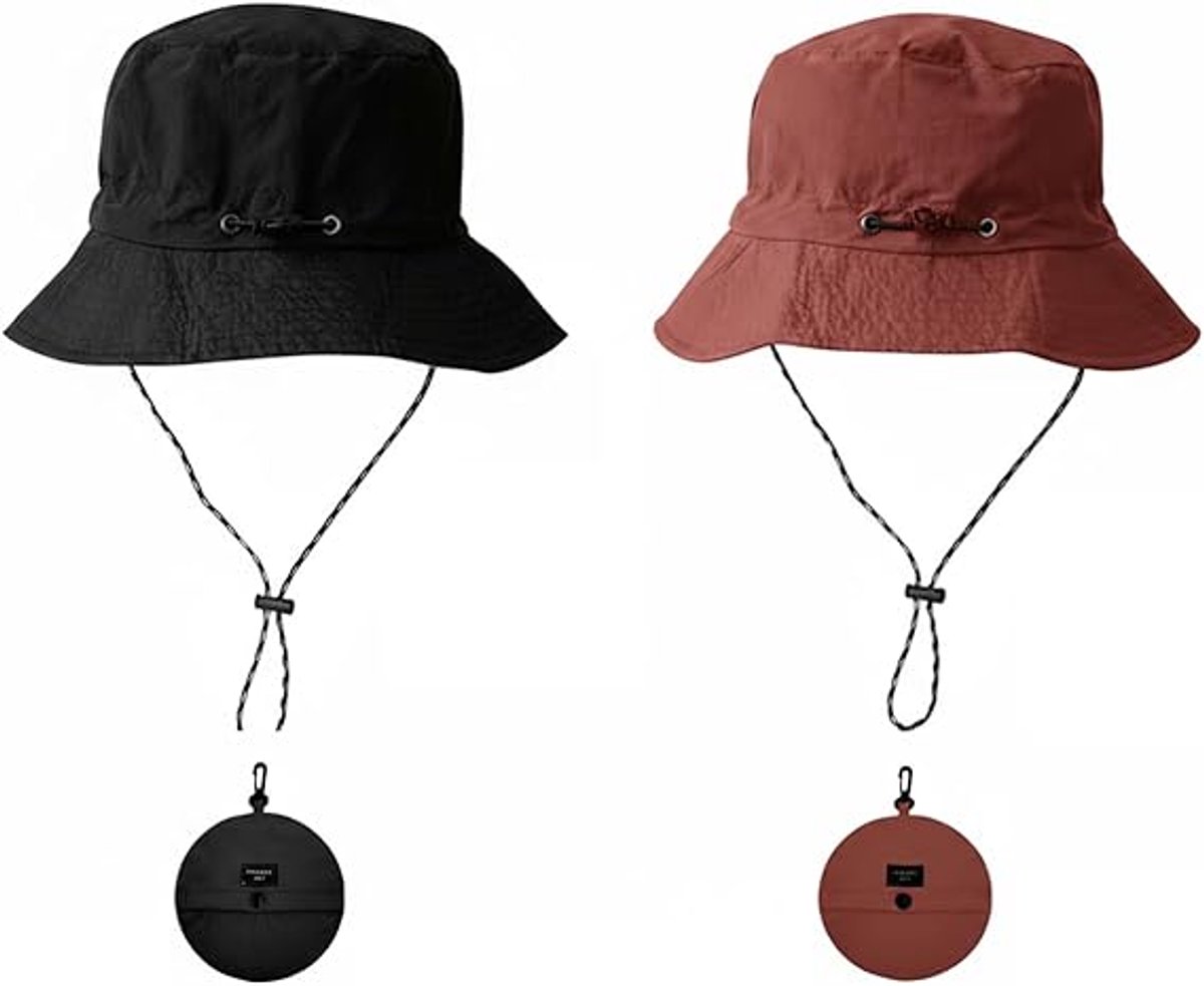Hat - Sun Hat - Outdoor Jungle Hat - Foldable Bucket Hat - Rain Hat - Unisex - With Removable Chin Strap - 2-Piece (Black + Brick Red) - Image 1