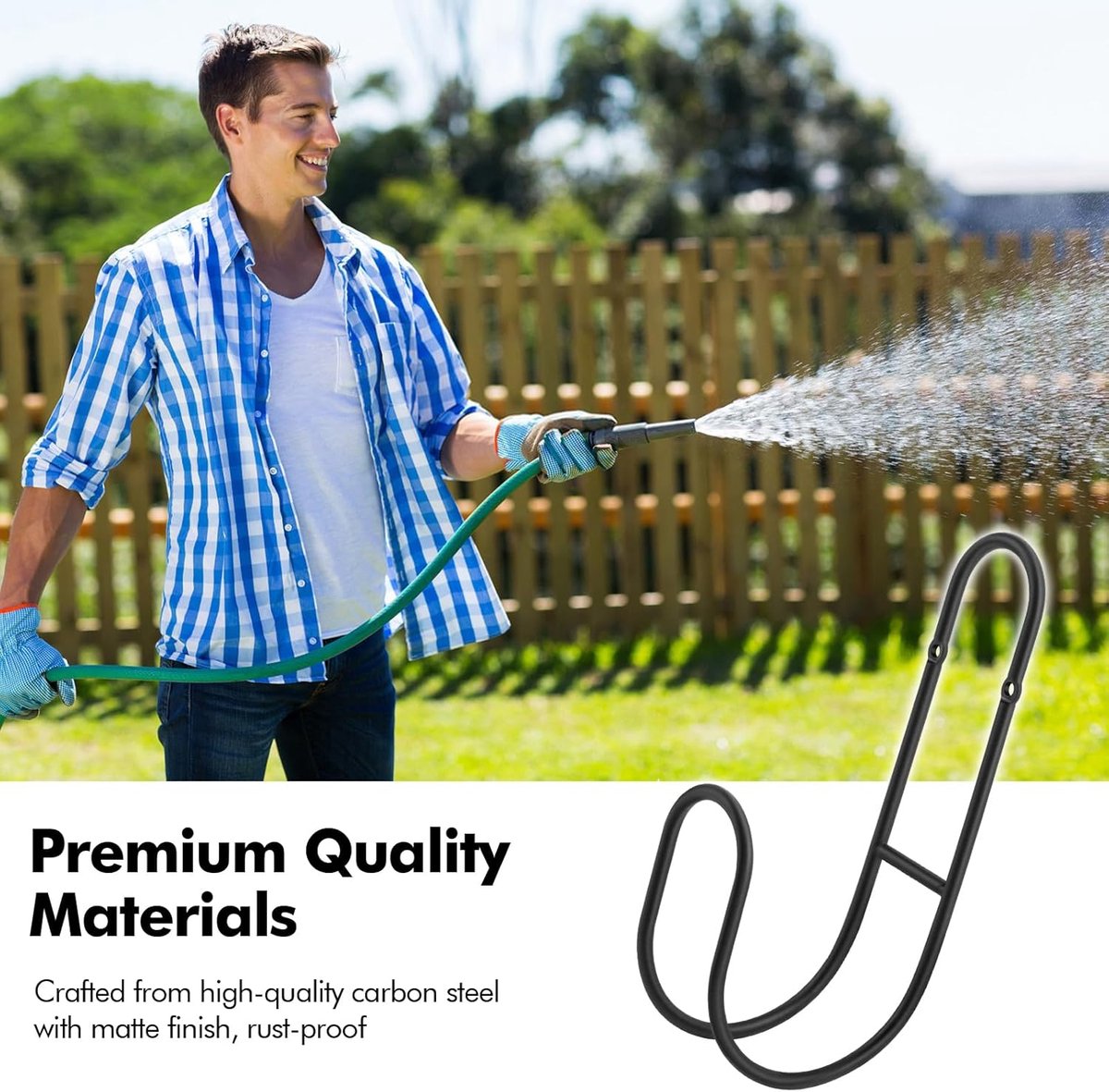 Garden Hose Hanging System - Wall Mount for Neat Storage - Stainless Steel Frame - Black - Image 4