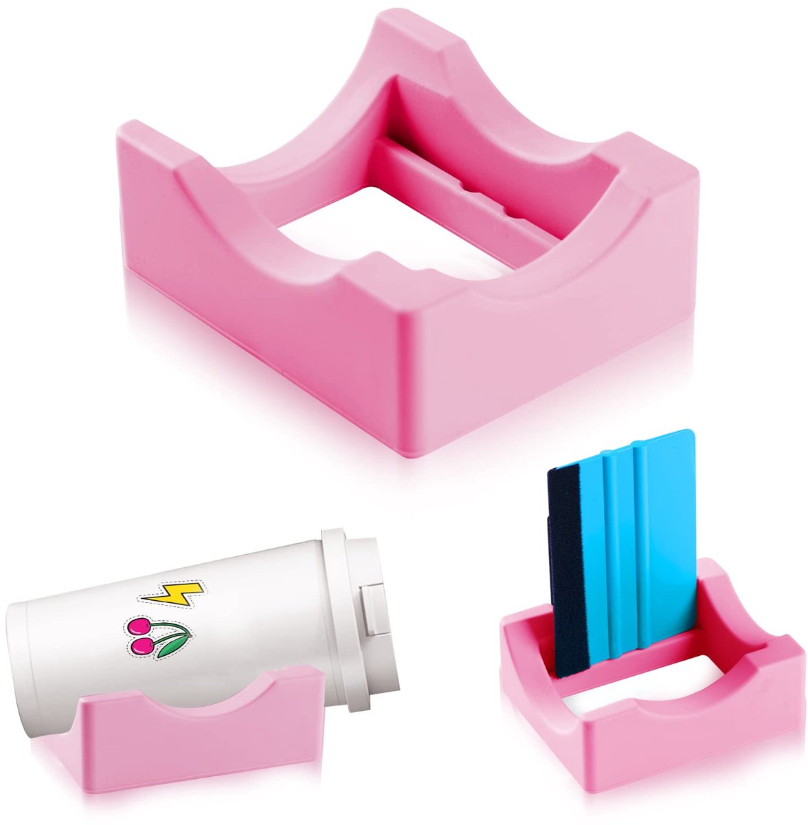 Vinyl Sticker Applicator for Cups - Silicone Cup Holder with Felt Edge Scraper - Silicone Cup Holder - Insulated Mug Holder - Non-Slip Glass Cup Holder - One-Handed Sticking for Mugs & Bottles - DIY Accessory - Pink - Image 1