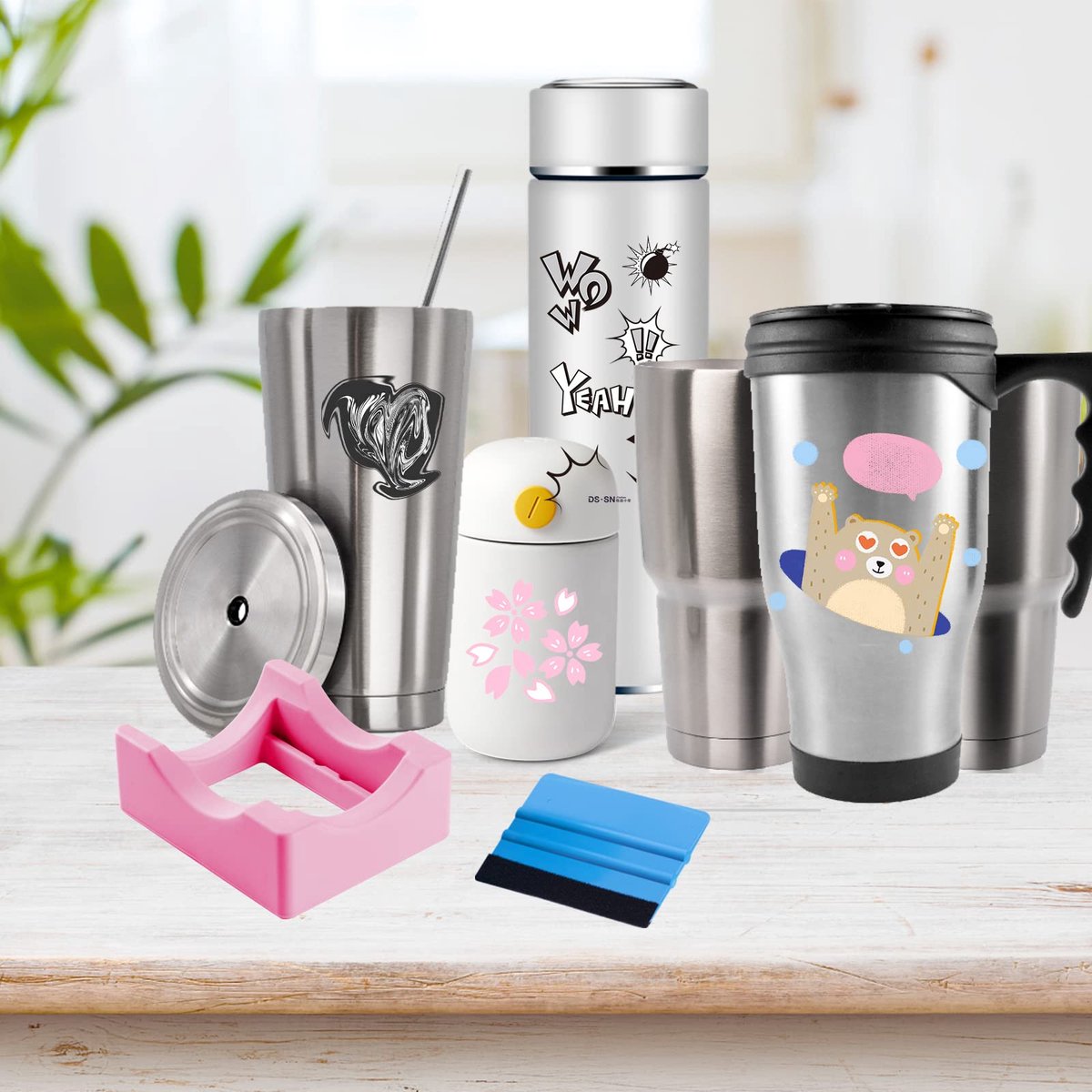 Vinyl Sticker Applicator for Cups - Silicone Cup Holder with Felt Edge Scraper - Silicone Cup Holder - Insulated Mug Holder - Non-Slip Glass Cup Holder - One-Handed Sticking for Mugs & Bottles - DIY Accessory - Pink - Image 5