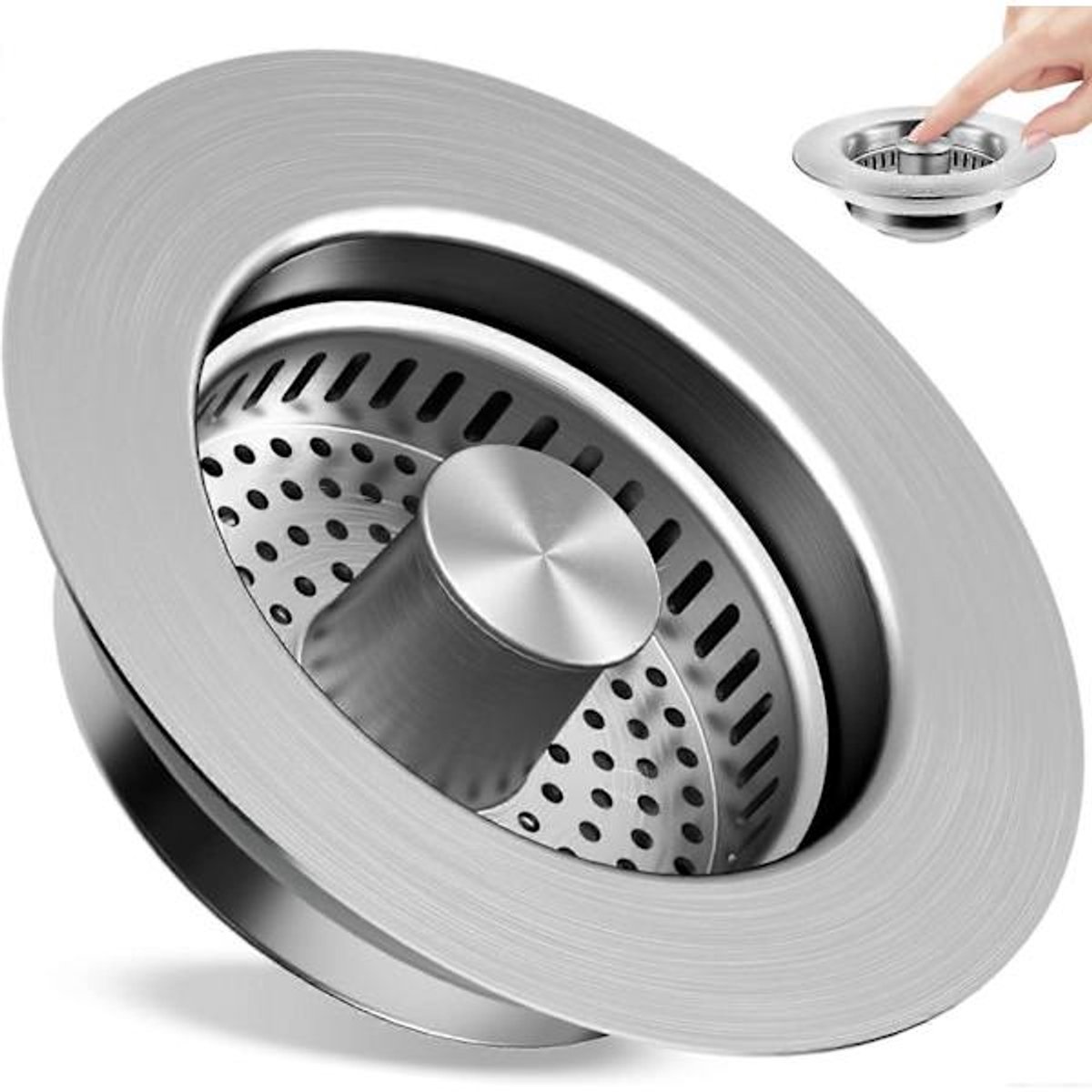 Sink Drain Strainer - 3-in-1 - Stainless Steel - Collapsible Sink Stopper - Strainer - Silver - Image 1